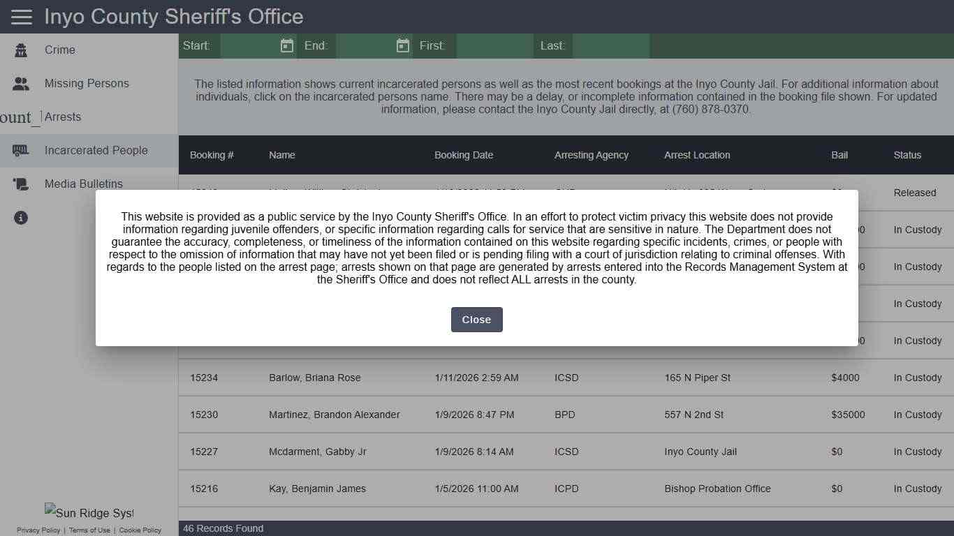 Inyo County Sheriff's Office - Incarcerated People