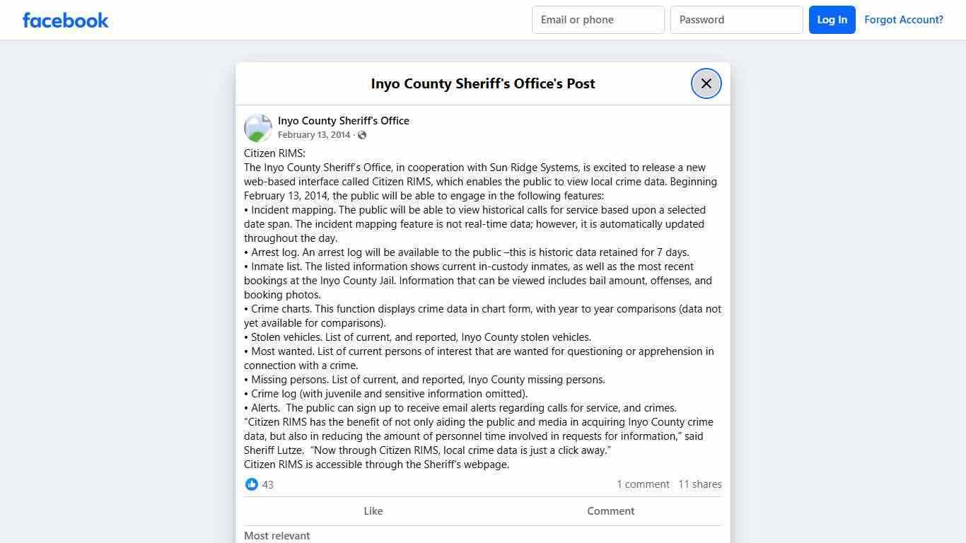 Citizen RIMS: The Inyo... - Inyo County Sheriff's Office | Facebook