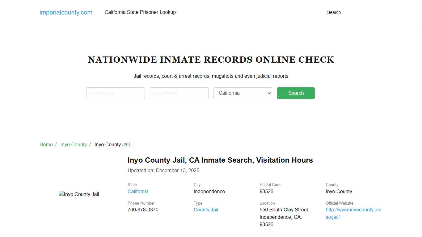 Inyo County Jail, CA Inmate Search, Visitation Hours