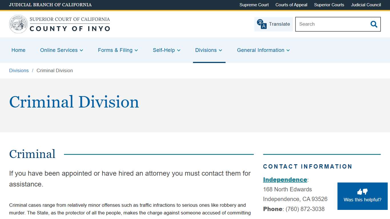Criminal Division | Superior Court of California | County of Inyo