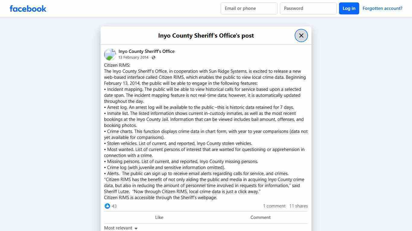 Citizen RIMS: The Inyo... - Inyo County Sheriff's Office | Facebook